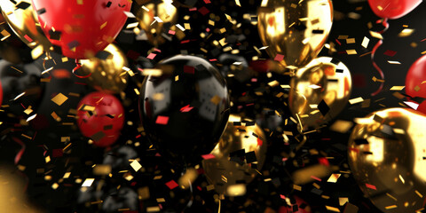 Sticker - Balloons on a black background and confetti