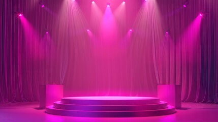 Wall Mural - This is a modern background of a pink spotlight party show stage. A spot light disco scene for the winner's podium. An abstract broadway studio in 3D for the dancers with a projection surface. “Magic