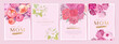 Mother's day poster, banner or greeting card design set with hand drawn bouquet of flowers and golden elements on pink background. Vector illustration