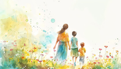 Wall Mural - A woman and two children are painting in a field