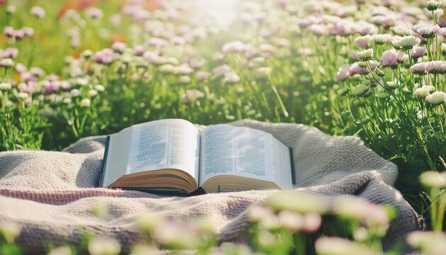 The Open Bible on a picnic blanket in a sunny meadow with wildflowers.