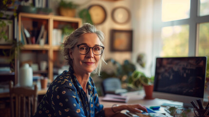 senior woman with grey hair glsses smart casual outfit working on computer