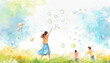 A woman is holding three children and blowing bubbles