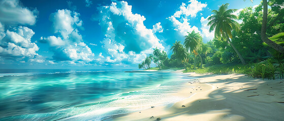 Wall Mural - Tropical Beach Paradise with Clear Blue Waters and Lush Greenery, Perfect for a Relaxing Vacation