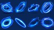 Waved blue neon light elements with swoosh effect. Light glowing swirl lines. Abstract 3d luminous and shine twirl trail.