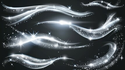 Poster - Modern illustration of shimmering white swirls isolated on black background. Modern realistic illustration of frosty winter air with snow, neon magic light waves, clean laundry aroma trail, cool wind