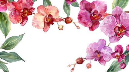 Wall Mural - Watercolor orchid leaves on a white background: Perfect for greeting cards and invitations. Concept Watercolor Painting, Orchid Leaves, White Background, Greeting Cards, Invitations