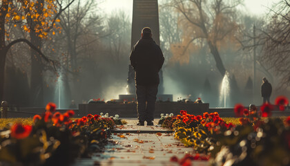 Wall Mural - A man stands in front of a wall with a large number of flowers