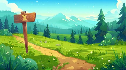 Wall Mural - Grassland natural panorama with pathway to hills. Cartoon modern summer landscape with trees and wooden arrow sign.