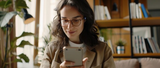 Poster - Freelancer making a call from Hoom with Manager at the Office over the Internet with her handsome Caucasian male friend. Female Chatting with Her Handsome Caucasian Male Friend on Smartphone from