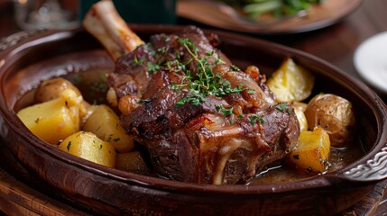 Wall Mural - A close up of a plate featuring tender, juicy slow cooked lamb with roasted potatoes