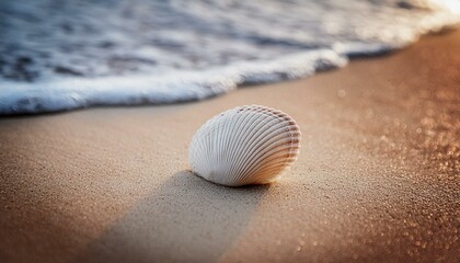 Wall Mural - solitary seashell resting on the sandy shore at water's isolated against a backdrop beach summer ,