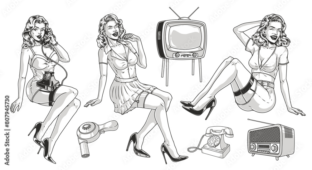 Pin Up Vector Stickers Pinup model monochrome set sticker Stock Vector | Adobe Stock