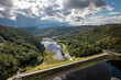 Barrier lake of the Oder river in front of the dam - near the town of Bad Lauterberg, Harz mountains, Lower Saxony, Germany. Aerial view.