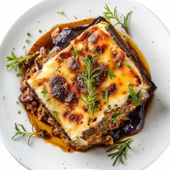 Wall Mural - A white plate holds tender meat smothered in rich, savory sauce, a traditional Greek Moussaka dish