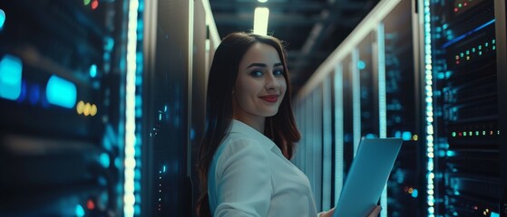 Poster - IT Specialist using laptop computer in data center and looking at camera in data center. A successful female e-business engineer working in a big server farm cloud computing facility.