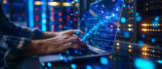 Poster - the hands are focused on the data center programmer using the digital laptop, it specialist working 