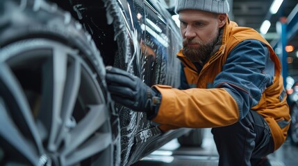 Poster - Vehicle inspector, a man checking the car. Generative AI.