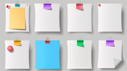 Poster - White and colorful notepaper pages and stickers for memory writings. Modern illustration set of bulletin notice frames in realistic style.