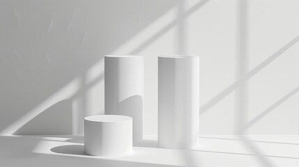 Poster - VG-model of a white product display podium platform in a studio. Abstract minimal scene with wall and light. Mockup of an empty showcase cylinder pedestal. Perspective modern clean space showroom.