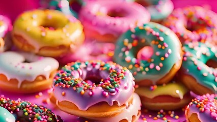 Canvas Print - Colorful glazed doughnuts with sprinkles on a pink background, concept for dessert menu or celebrating National Donut Day