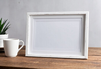 Poster - White blank modern wooden frame mockup sit on table, close look, coffee rustic theme minimalistic
