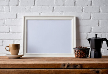 Poster - White blank modern wooden frame mockup sit on table, close look, coffee rustic theme minimalistic