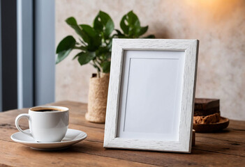 Poster - White blank modern wooden frame mockup sit on table, close look, coffee rustic theme minimalistic