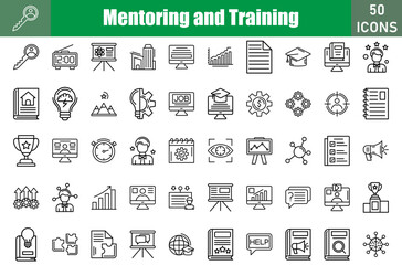 Wall Mural - Mentoring And Training icon set. Containing  
Key,struggle,RoleModel,Coaching,Book,Brainstrom,Briefcase,Business card,Certificate,Digitalclock and more. Vector icons collection