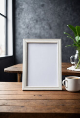 Poster - White blank modern wooden frame mockup sit on table, close look, coffee rustic theme minimalistic