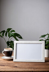 Poster - White blank modern wooden frame mockup sit on table, close look, coffee rustic theme minimalistic