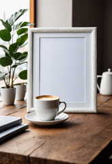 Poster - White blank modern wooden frame mockup sit on table, close look, coffee rustic theme minimalistic