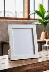 Poster - White blank modern wooden frame mockup sit on table, close look, coffee rustic theme minimalistic