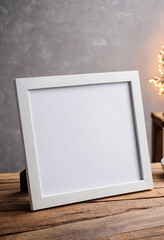 Poster - White blank modern wooden frame mockup sit on table, close look, coffee rustic theme minimalistic