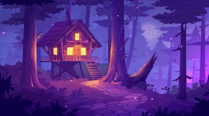 Wall Mural - House on stilts in the forest at night. Cartoon modern dark dusk woodland landscape with cozy rural hut or hotel cabin, trees, snags, stone path with fireflies, and trees.