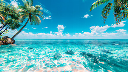 Tropical Beach with Blue Sky and Crystal Clear Water, Maldives Island Paradise Seascape
