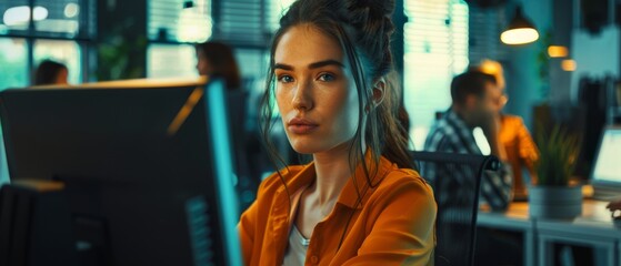 Poster - Working on Commercial, Financial, and Marketing Projects with a Stylish, Beautiful Manager using a desktop computer in a modern office. Specialist in Diverse Teams.
