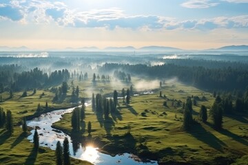 Wall Mural - Russia landscape. Serene Sunrise Over Misty Forest Landscape with Flowing River.