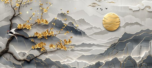 landscape with a silhouette of cranes. vintage style chinese wave ornaments with gold circle texture.