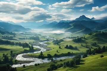 Wall Mural - Slovakia landscape. Serene Sunrise over Misty Mountains and Winding River Landscape.