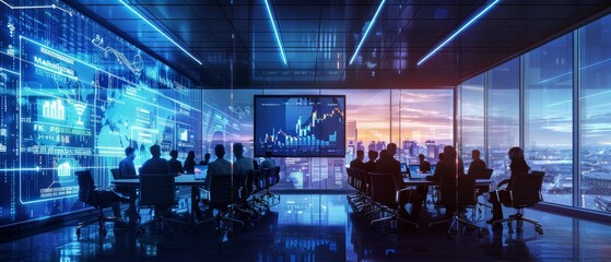 Poster - Business Conference Room: Digital Entrepreneur Presents e-Commerce Investment Strategy to Group of Investors. Wall TV shows Big Data Analysis, Infographics, Stock Market Information, Trends.