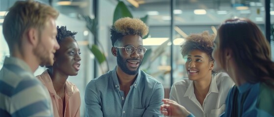 Poster - Four multi-ethnic entrepreneurs discuss growth strategy in office conference room. Multicultural group of young professionals work together on digital e-commerce startup.