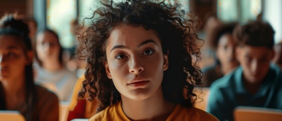 Poster - smart, beautiful female student, studying with diverse multiethnic classmates. she asks the scholar 