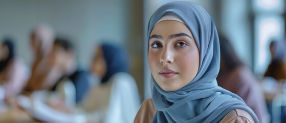 Poster - female muslim student wearing hijab, studying in modern university with diverse ethnic classmates. s