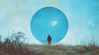 Surreal landscape with person facing a giant blue circle
