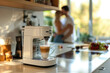 White coffee machine prepares latte coffee, couple hugging in the kitchen, love