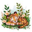 Illustration of cute cartoon tiger cub sleeping in flowers isolated on white background