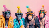 Fototapeta  - Monkeys wearing sunglasses and colorful clothing. a fun and playful mood, with the monkeys looking cool and confident in their outfits. Creative animal concept. birthday party invite invitation banner