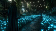 Enchanted night garden with glowing flowers and mysterious figure