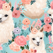 Cute fluffy alpacas in flowers seamless pattern. Background with white llamas. Floral print with colorful animals for textiles, packaging, paper